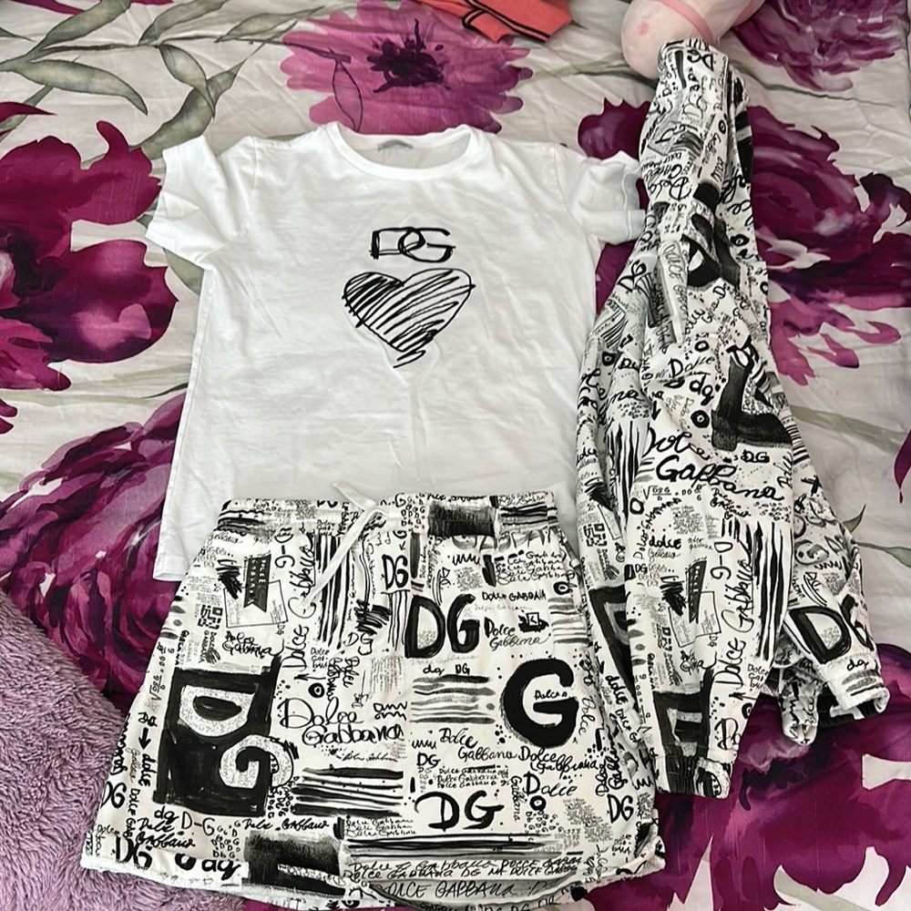 3 piece Dolce & Gabbana White Graphic Tee and Skirt Set with hoodie